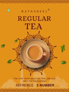 Pouch of Ratnsheel Regular Tea with a steaming cup of Indian chai